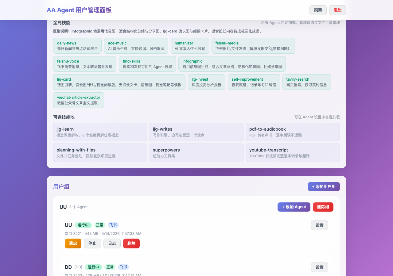 技能管理：全局技能自动加载，可选技能按需分配给不同 Agent